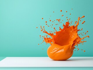 Poster - Dramatic Orange Liquid Eruption on Pristine White Backdrop Showcasing Vivid Color and Captivating Motion for an Abstract Photographic Composition