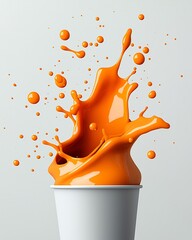 Poster - Mesmerizing Fluid Motion of Vibrant Orange Liquid Suspension on Clean White Background   Dynamic Modernist Abstract Composition with Vivid Movement and Macro Photography