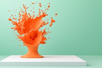 Poster - Vibrant burst of orange liquid dramatically suspended on a pristine white backdrop an abstract photograph capturing the ephemeral beauty and energy of the fleeting moment with crystalline clarity