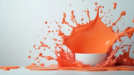 Poster - Vibrant orange liquid splashing and swirling against a pristine white backdrop forming an eye catching abstract visual with captivating motion cinematic high speed photography technique