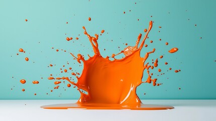 Poster - Vibrant Orange Liquid Splash Freezing Motion and Color Contrast on Pristine White Backdrop in Abstract Surreal Futuristic High Speed Photography with Minimalist Studio Setting