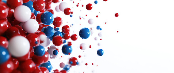 Aufkleber - A vibrant arrangement of spheres in red, blue, and white appears to burst from a central point, creating an effect of energetic movement. The backdrop is clean and minimal.