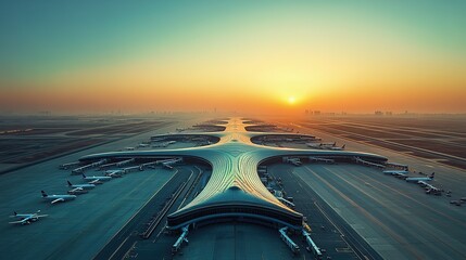 Poster - From a high-angle view on a sunny day, airport track stretches out like a ribbon into vanishing point against backdrop of a clear blue sky, with morning sun casting a golden glow on tarmac, hd image