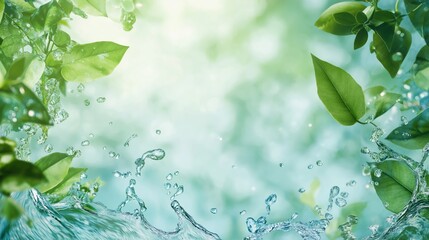 Wall Mural - Fresh Green Leaves with Water Splash Background