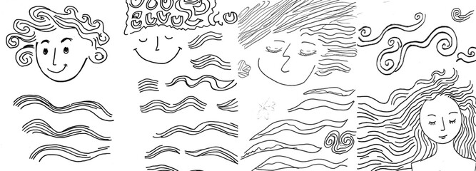 Aufkleber - A hand-drawn ink doodle of a woman's face with flowing hair against a white background. Perfect as a coloring page, Zendala design, adult-oriented poster, print, t-shirt, invitation, banner, or