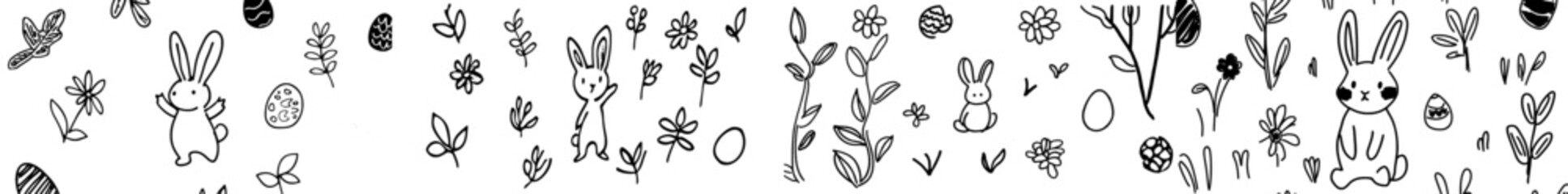 Wall Mural - cute bunny surrounded by flowers. a hand-drawn doodle card featuring a rabbit and floral decorations