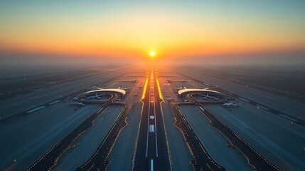 Poster - From a high-angle view on a sunny day, airport track stretches out like a ribbon into vanishing point against backdrop of a clear blue sky, with morning sun casting a golden glow on tarmac, hd image