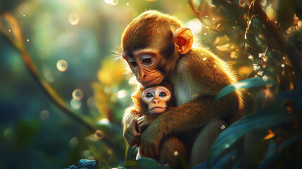 baby monkey clings to its mother in lush tropical forest, surrounded by vibrant greenery and soft su