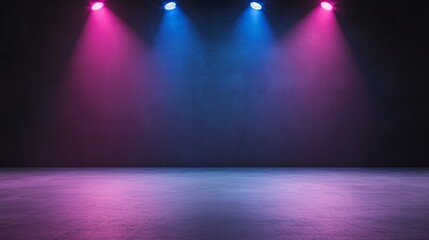 Aufkleber - Pink and blue spotlights illuminate a textured wall and concrete floor in a dark room, creating a dramatic and vibrant backdrop ideal for showcasing products or designs