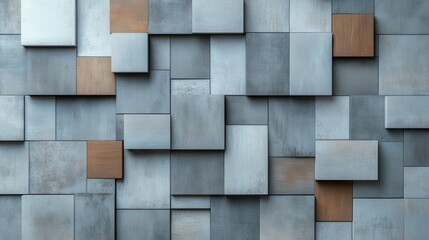Aufkleber - This abstract image features a mix of wooden and metallic square panels in varied shades, creating a visually intriguing and contemporary textured design.
