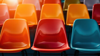 Poster - An aesthetically pleasing display of vibrant chairs showcases modern design, highlighting colors and shapes while creating an inviting atmosphere for creative spaces.
