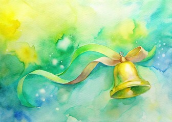 Golden bell with ribbon on a green watercolor background.