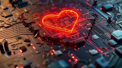 Fototapete - A striking heart design glows in red against a complex circuit board background filled with intricate connections and modern technology. The visual conveys a blend of emotion and innovation.