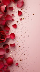 Poster - Romantic Valentine's Day vertical social media template with empty copy space, with an array of rose petals in shades of red and pink, scattered across a light pink background, subtle golden sparkles