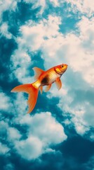 Poster - A stunning golden fish glides effortlessly among soft, white clouds under a bright blue sky. This surreal vision evokes feelings of wonder and tranquility, inviting dreams to take flight