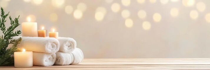 Aufkleber - Soft, fluffy towels rolled and stacked on a wooden surface, surrounded by burning candles, create a tranquil spa ambiance with a warm bokeh background