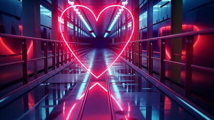 Poster - A striking neon heart illuminates a sleek corridor, creating a captivating atmosphere. The glossy floor reflects the vibrant colors, enhancing the modern setting. Perfect blend of art and technology.