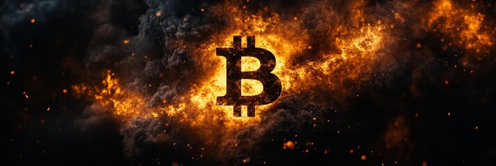 Aufkleber - Bitcoin cryptocurrency symbol burning in flames and smoke, representing the volatility and risk associated with cryptocurrency investment and trading