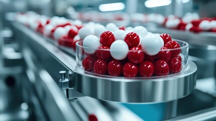 Poster - An intricate display of red and white spheres arranged in a factory setting on a production line, highlighting the interplay of color, form, and industry in a captivating manner.