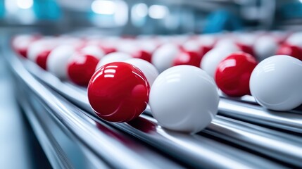 Poster - This image features a close-up of red and white spheres lined up on a conveyor belt, showcasing an intricate arrangement and vivid colors that captivate the viewer’s attention.