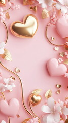 Poster - Romantic Valentine's Day vertical greeting banner background with empty copy space with light blush color, featuring golden heart shapes around the corners and soft floral elements in pink and white