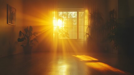 Poster - Warm glowing sunlight streaming through a window casting a soft amber glow across the walls and surfaces of a cozy rustic interior room  The light creates a peaceful