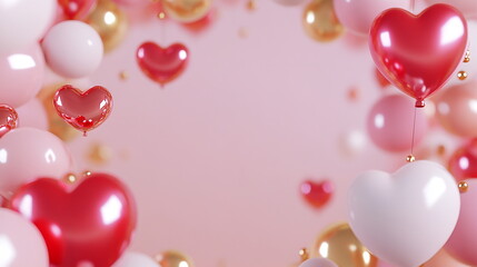 Poster - Romantic Valentine's Day horizontal wedding greeting card template with empty copy space with light pink and white gradient, decorated with red balloon hearts, leaving spacious center for copy space