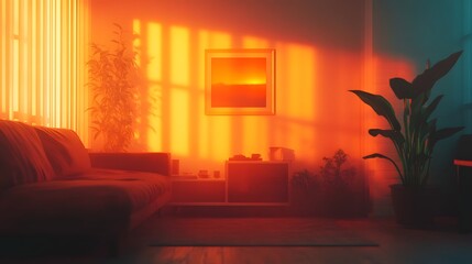 Poster - Bathe in the captivating glow of a retro inspired cinematic ambiance  Soft gradients and tones create a cozy serene atmosphere in this modern living space