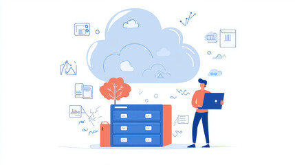 Poster - Data center outline icon with computer servers rack. Cloud storage, datacenter technology and information backup service thin line vector sign or minimalistic icon