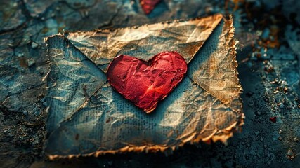 Aufkleber - A handcrafted envelope featuring a vibrant red heart symbol sits elegantly on a textured surface. This charming setting evokes feelings of love and nostalgia, ideal for romantic themes.