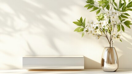 Poster - a minimalist display featuring a simple, elegant vase with a bouquet of white flowers, set against a