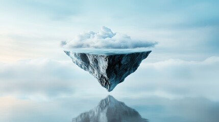 Poster - A captivating floating rock, surrounded by soft clouds, hovers above placid waters, exhibiting an otherworldly beauty that invites viewers to ponder its mysteries.