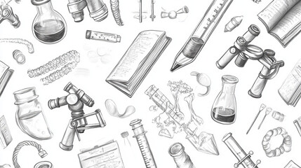 Science laboratory and education knowledge sketch seamless pattern. Vector background of DNA in laboratory microscope, chemistry test vials or university study books and molecules