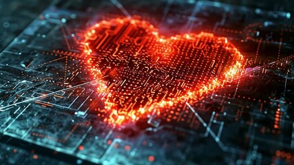 Fototapete - A glowing heart symbol is embedded within a complex digital circuit design, radiating bright colors. This artwork reflects themes of technology and emotion, creating a captivating visual composition.