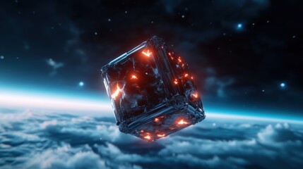 Poster - A striking representation of a floating cube in space, surrounded by ethereal clouds and glowing fiery elements, embodying the duality of chaos and serenity.