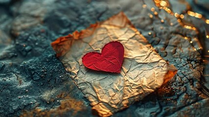 Poster - A vibrant red heart made of paper rests on a wrinkled sheet of gold material. The textured surface beneath adds depth, illuminated by soft, warm light enhancing the colors and textures.