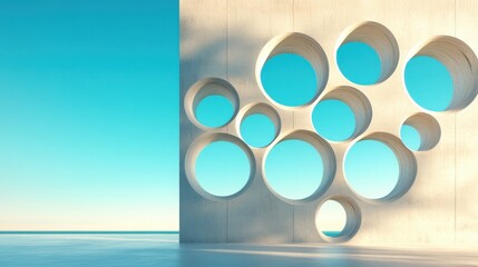 Aufkleber - This image features a stunning concrete wall adorned with circular openings that reveal a serene blue sky, creating a perfect blend of architecture and nature.