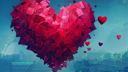 Poster - A captivating display of a giant heart composed of many smaller hearts dominates the scene, floating in a serene, colorful atmosphere. The artwork evokes emotions of love and joy.