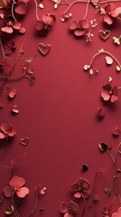 Poster - Romantic Valentine's Day vertical sale banner template, store discount promotion with delicate floral outlines and heart patterns in red, pink, soft gold, scattered over a deep rose-colored background