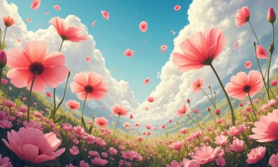 Canvas Print - Vibrant pink flowers under a blue sky