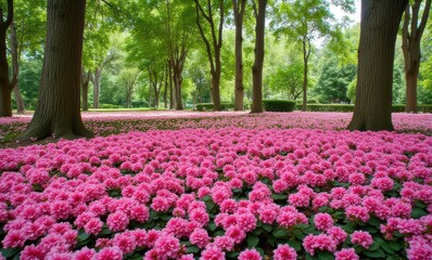 Canvas Print - Vibrant pink flowers in a serene park