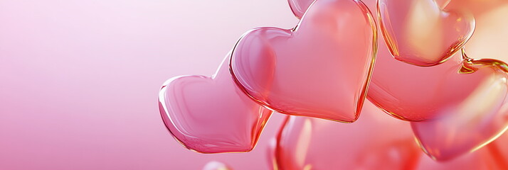 Poster - Soft and dreamy Valentine's Day horizontal greeting banner background with empty copy space with overlapping translucent hearts in shades of pink red on soft gradient background gentle, glowing effect