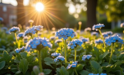 Canvas Print - Blue flowers illuminated by golden sunlight