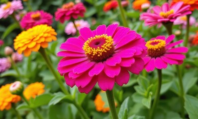 Canvas Print - Vibrant pink zinnia flowers in bloom