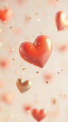 Poster - Soft Valentine's Day vertical sale banner template, store discount promotion with floating red and pink hearts layered over a creamy pastel background, accented by delicate sparkling bokeh lights.