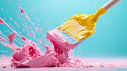 Poster - An eye-catching image of pink and yellow paint splashing from a spatula, creating a dynamic expression of creativity and artistry, ideal for any design project or inspiration.