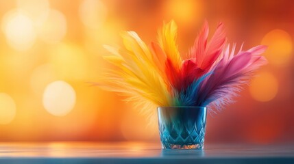 Poster - This vibrant arrangement of colorful feathers in a glass vase brings life and brightness, transforming any space into a lively and dynamic artistic presentation.