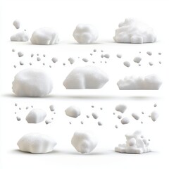 Wall Mural - Snow caps, icicles, snowballs, and snowdrifts depicted in a 3D rendering, isolated against a white background.