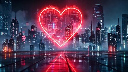 Aufkleber - In a futuristic metropolis, a large neon heart shines brightly against the urban skyline at night.