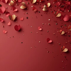 Poster - Luxurious Valentine's Day square post greeting card template with empty copy space, featuring a dark rose-red background with golden heart confetti and faint rose petal textures for timeless romantic
